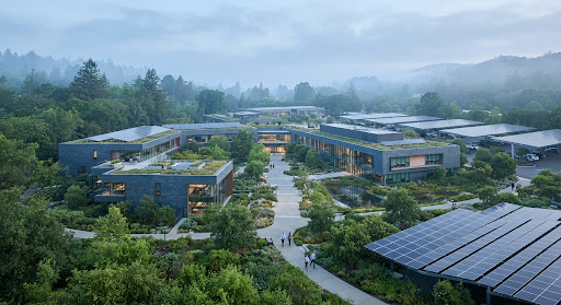 Aerial view of a green campus representing Synaptic's renewable energy milestone
