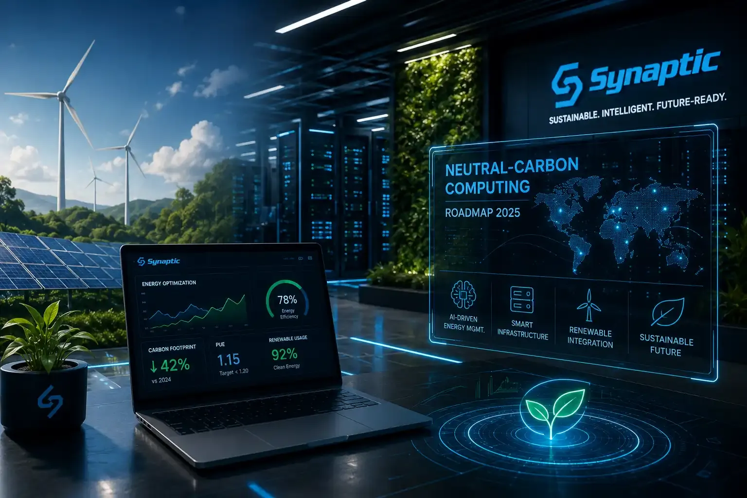 Data center corridor representing Synaptic Technologies' carbon-neutral computing initiative